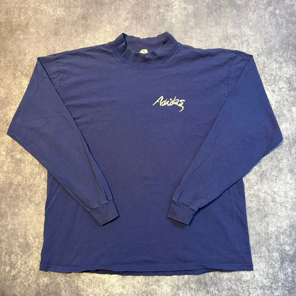Vintage Adidas Mock Neck Long Sleeve Shirt Blue Men's XL Made in USA Graphic 80s